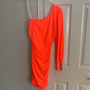 Deb One-Shoulder Orange Dress with Embellished Sleeve